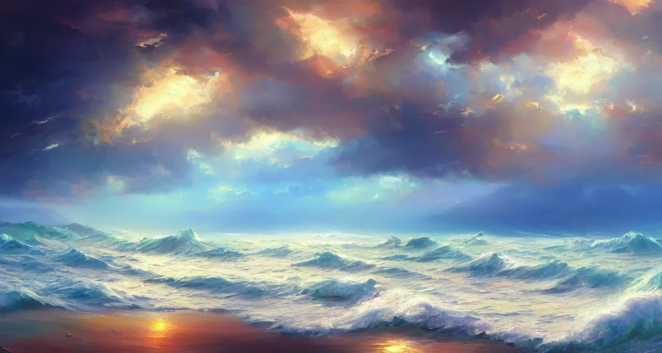 Prompt: beautiful oil painted serene ocean with flowy clouds dreamy fantasy painted by Halil Ural trending on artstation