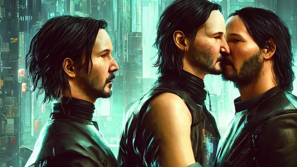 Prompt: a cyberpunk 2077 srcreenshot couple portrait of Keanu Reeves and V final kiss,love,film lighting,by Laurie Greasley,Lawrence Alma-Tadema,Andrei Riabovitchev,Dan Mumford,John Wick,Speed,Replicas,artstation,deviantart,FAN ART,full of color,Digital painting,face enhance,highly detailed,8K,octane,golden ratio,cinematic lighting