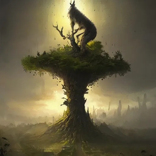 Image similar to living tree, in the shape of a rat with legs and yellow eyes, dark land, by greg rutkowski, trending on art station, highly detailed, magic the gathering, matte painting