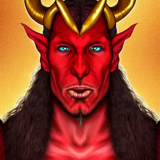 Image similar to dnd style portrait of a tiefling, male, red scales, red skin, a big black beard, completely golden eyes, 2 black ram horns growing out of his forehead,