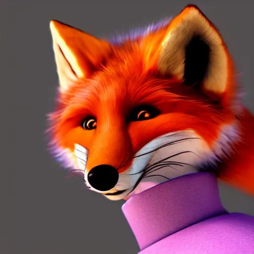 Image similar to majestic art of purple orange red furred anthropomorphic female furry fox wearing a maid dress, 8k resolution, high detail, ULTRA REALISTIC VFX, reflections, post processing