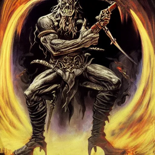 Prompt: dark metal fantasy art of an evil wizard shooting poison magic from his hands in the style of frank frazetta, 8 k, fantasy retro art, realistic characters, d & d