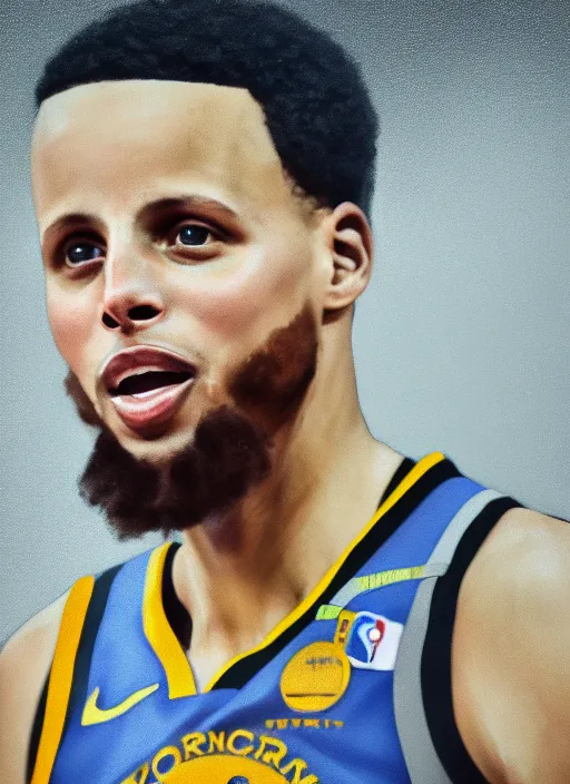 Image similar to Steph Curry in real life, face centered portrait of Steph Curry, Confident, fog, rain, volumetric lighting, beautiful, golden hour, sharp focus, ultra detailed, cgsociety by Leesha Hannigan, Ross Tran, Thierry Doizon, Kai Carpenter,Ignacio Fernández Ríos, noir art house, 4k, 35mm, fujifilm”