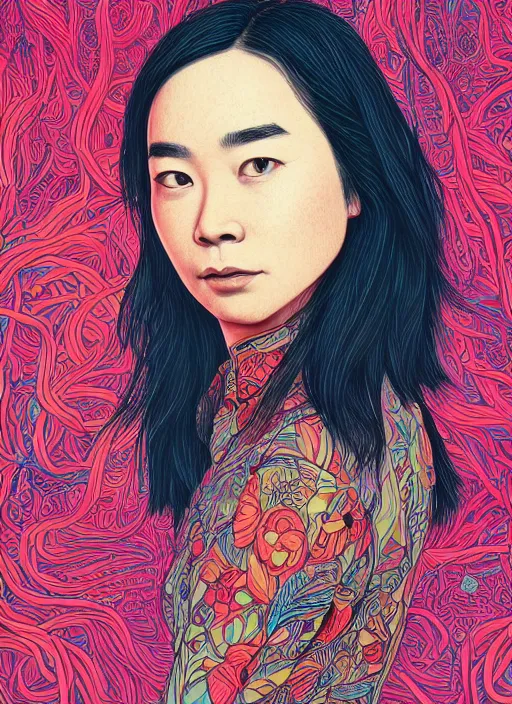 Image similar to closeup portrait of mitski, an ultrafine detailed illustration by james jean, intricate linework, bright colors, final fantasy, behance contest winner, vanitas, angular, altermodern, unreal engine 5 highly rendered, global illumination, radiant light, detailed and intricate environment