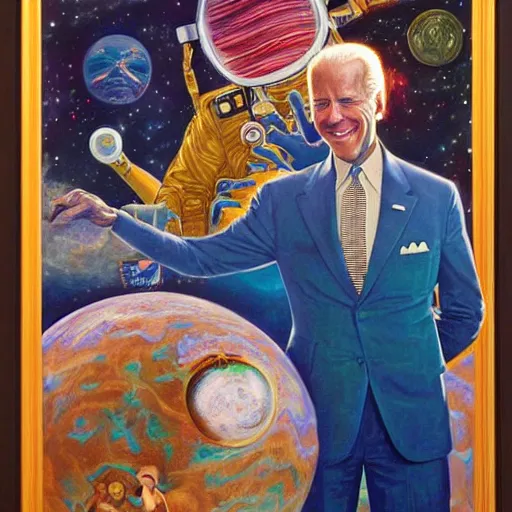 Prompt: surreal portrait of joe biden as psychedelic 1 9 2 0 s astronaut, by j. c. leyendecker, bosch, alex grey, jon mcnaughton, and beksinski