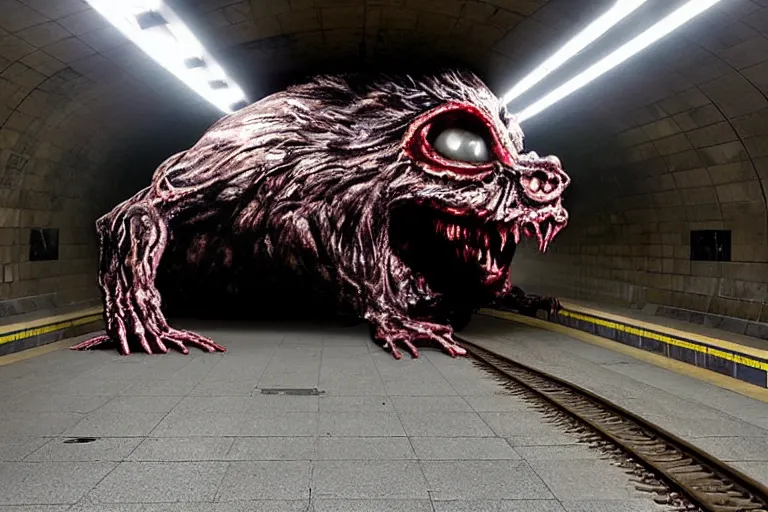 Image similar to very large giant mutant zombie irradiated ( angry rat ) staying on railways in tonnel of moscow subway. subway. giant angry rat, very realistic. extreme long shot, low dark light, anish kapoor, herman nitsch, giger.