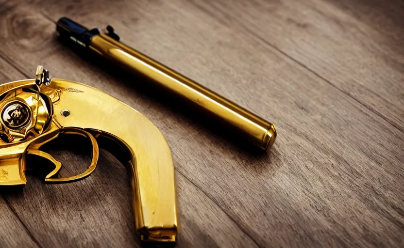 Image similar to shiny golden revolver laying on a wooden table, complex, high detail