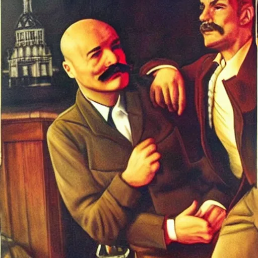 Prompt: Gay-Stalin and Gay-Lenin in gay bar, Very Highly Detailed Realistic photography