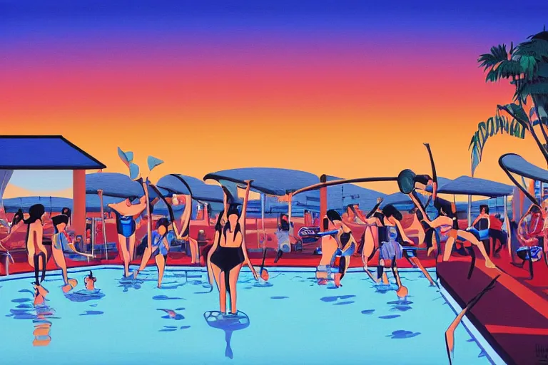 Prompt: stylistic oilpainting of a Punkband performing next to a swimming pool by sunset, painted by Hiroshi Nagai