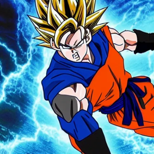 Image similar to Still of Sam heughan as Goku in Dragon ball live action movie powerful epic light blue and Orange