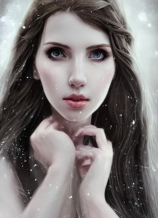 Image similar to of dark fantasy, young beautiful Amouranth, close up face portrait, medium shot, intricate, elegant, ethereal dreamy light, highly detailed, concept art, smooth, sharp focus, illustration, art by Nicola Samuri