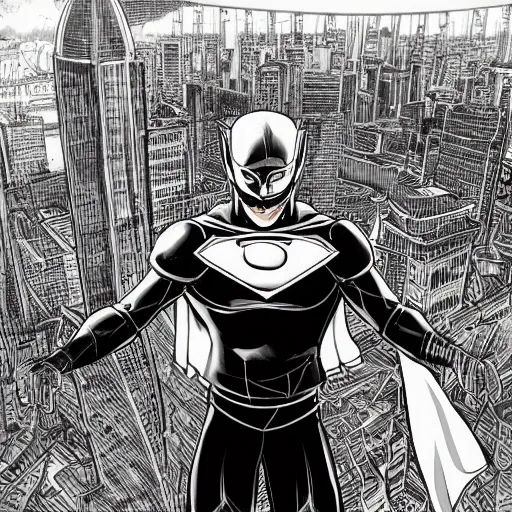 Image similar to Manga illustration of masked super hero, full body and head portrait by Tetsuo Hara. Depth of field, zoom out 35mm camera, awesome cityscape in the background, highly detailed concept art, detailed pencil art by Kengo Hanazawa