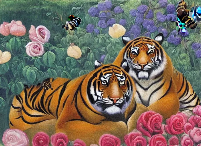 Prompt: An surreal oil painting of a two tigers next to an ancient temple, background of roses, by William Zorach, symbolist, small bumble bees, soft colors, dramatic lighting, smooth, sharp focus, extremely detailed, aesthetically pleasing composition