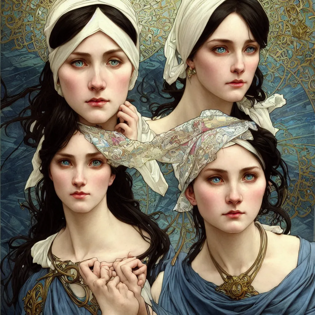 Prompt: Portrait of female cleric with kerchief covering her ears. Blue eyes, black hair, porcelain skin, full lips, high slanted cheekbones. Fantasy art by artgerm and greg rutkowski and alphonse mucha, intricate, elegant, highly detailed, dramatic lighting, digital painting, concept art, illustration, award winning on artstation, D&D, AD&D.