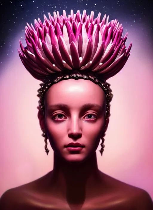 Prompt: stunning alien godess princess, detailed pink and white protea head peace against a black backdrop by ivan aivazovsky, 3 / 4 view portrait, wlop, super sharp details, photorealism, canon 5 d, 5 0 mm lens, stunning photoshot, beautiful soft lighting, muted colours, artstation