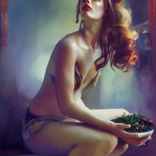 Image similar to hyperrealist portrait of a woman as amber heard staring down on a magical bowl of water. by jeremy mann and alphonse mucha, fantasy art, photo realistic, dynamic lighting, artstation, poster, volumetric lighting, very detailed faces, 4 k, award winning