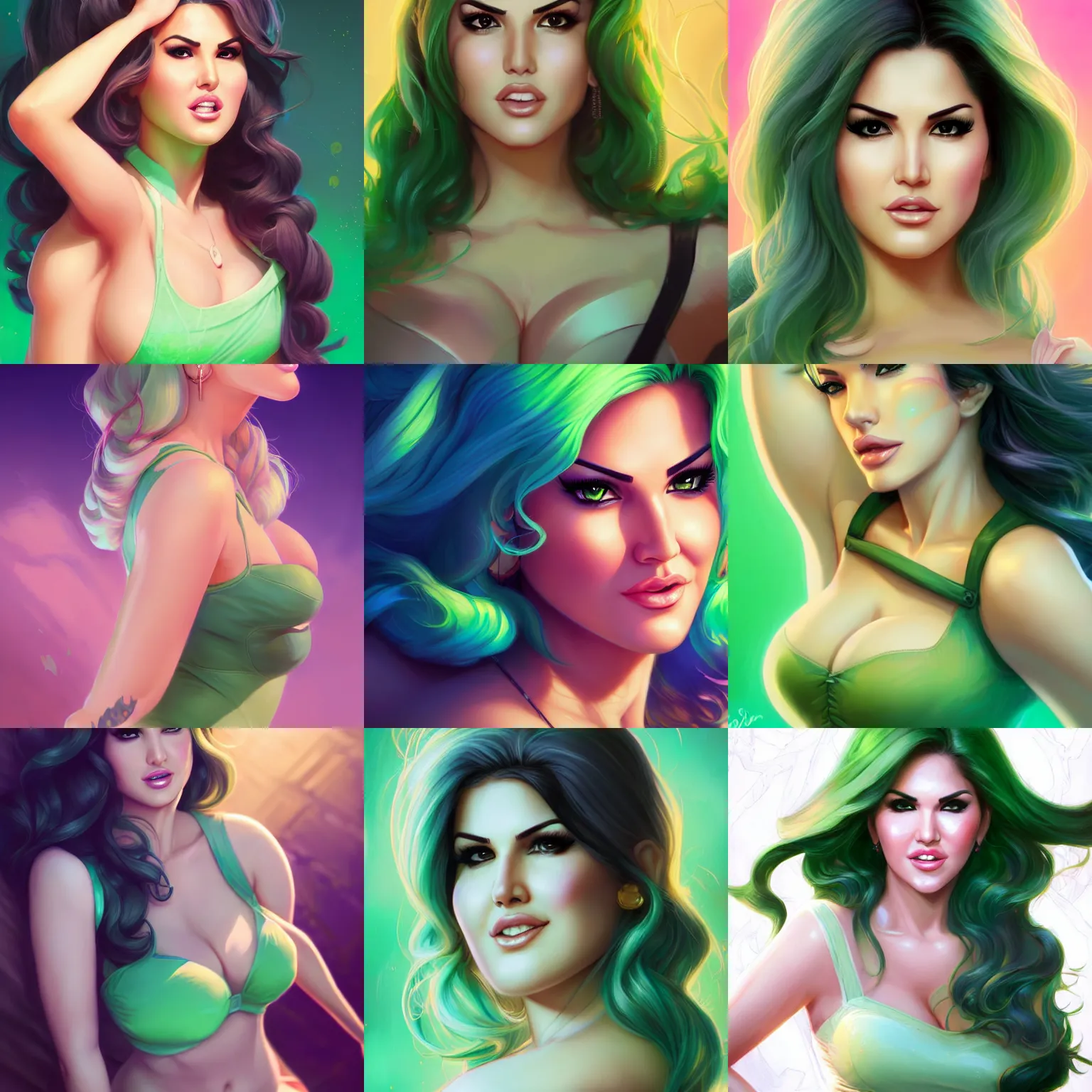 Prompt: a portrait of sunny leone, pastel green, art by lois van baarle and loish and ross tran and rossdraws and sam yang and samdoesarts and artgerm and saruei and disney and wlop, digital art, highly detailed, intricate, sharp focus, trending on artstation hq, deviantart, unreal engine 5, 4 k uhd image