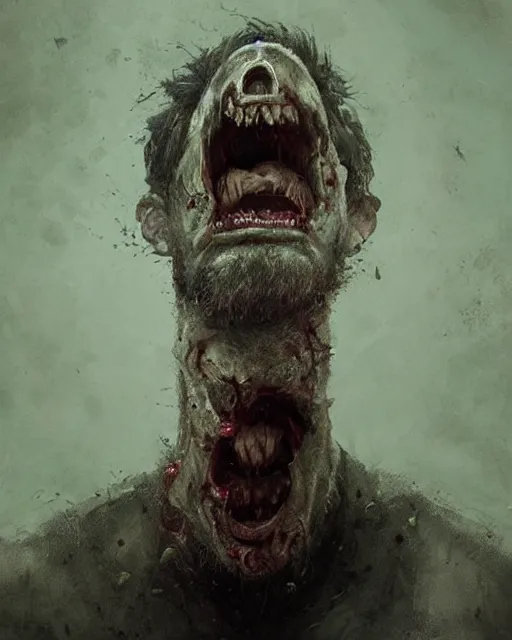 Image similar to hyper realistic photo portrait bearded zombie tongue out cinematic, greg rutkowski, james gurney, mignola, craig mullins, brom