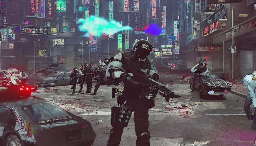 Image similar to 1994 Video Game Screenshot, Anime Neo-tokyo Cyborg bank robbers vs police, Set in Cyberpunk Bank Lobby, Multiplayer set-piece :9, Police officers under heavy fire, Police Calling for back up, Bullet Holes and Blood Splatter, :6 Smoke Grenades, Riot Shields, Large Caliber Sniper Fire, Chaos, Anime Cyberpunk, Anime Bullet VFX, Machine Gun Fire, Violent Gun Action, Shootout, Escape From Tarkov, Intruder, Payday 2, 8k :4 by Katsuhiro Otomo: 9