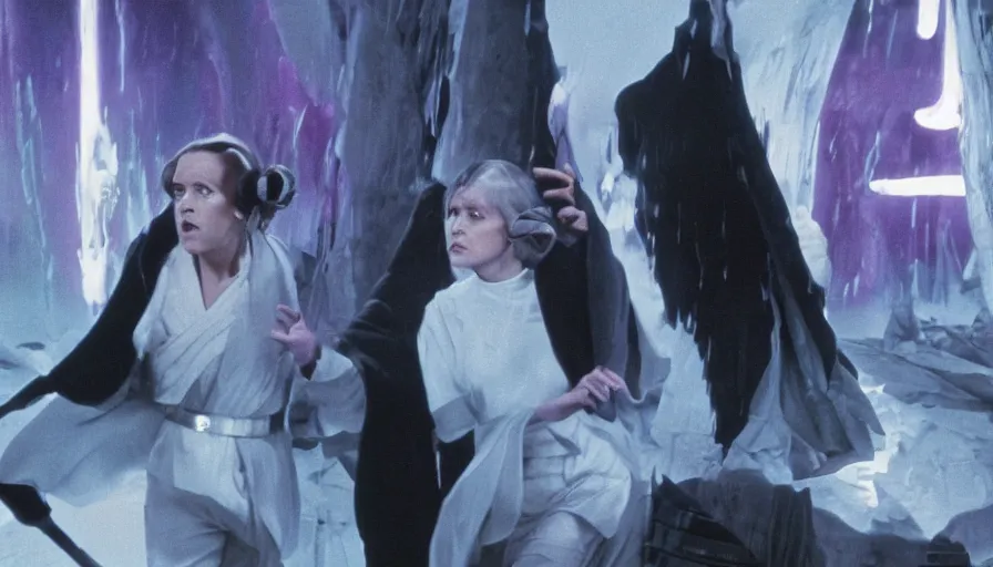 Prompt: screenshot portrait of Luke Skywalker and Princess Leia, facing off against an incredibly haunting female sith lord in white, on a sith planet of purple magic maelstrom, iconic scene from the 1970s sci fi thriller film by Stanley Kubrick, HR Geiger, stunning cinematography, hyper-detailed, sharp, anamorphic lenses, kodak color stock, 4k, stunning