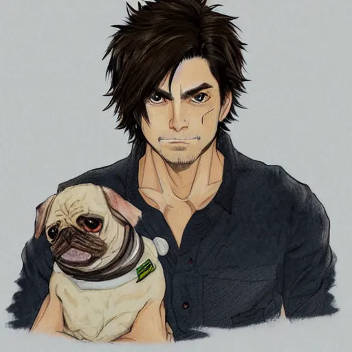 Prompt: self portrait, young white hispanic handsome man with short light brown hair and light skin and a 5 o clock shadow and holding a pug while fighting against 2 swordsmen pencil art, added detail, high definiton, colored, backfacing, illustrated by yoji shinkawa