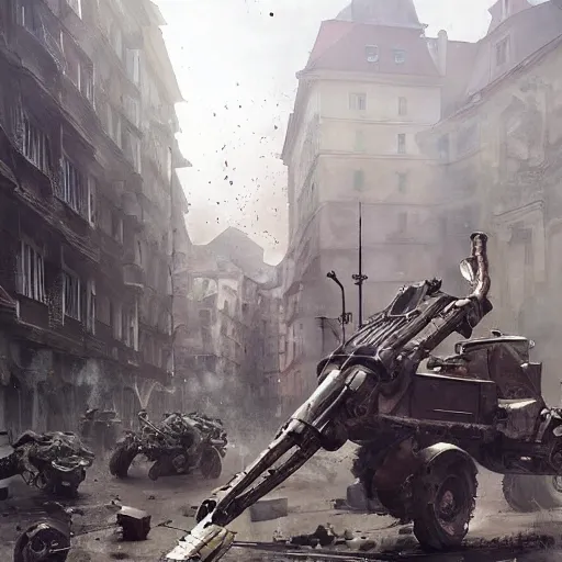 Image similar to spider robots terrorise streets of weimar germany and attack freikorps soldiers and civilians, intense heavy street battle, bullet hell, pile of bodies, art by greg rutkowski and jakub rozalski