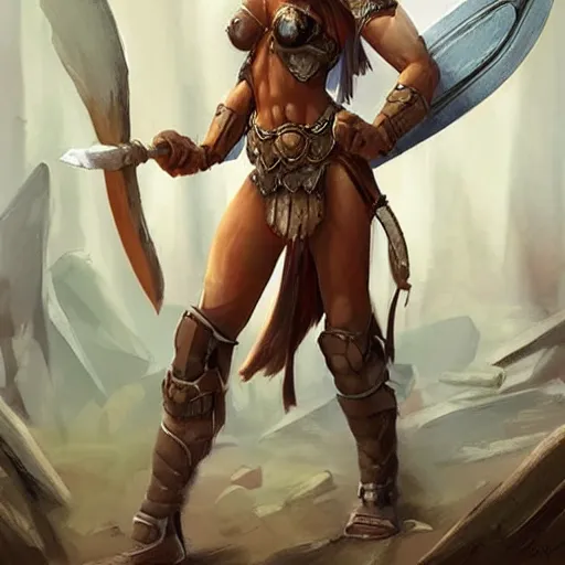 Prompt: amazon female warrior. masterpiece. has an axe. beautiful art. muscular woman. artstation. d & d