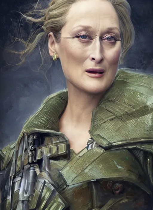 Prompt: a professional painting of a beautiful Meryl Streep, clothed in military armor, olive skin, long dark hair, beautiful bone structure, symmetrical facial features, intricate, elegant, digital painting, concept art, smooth, sharp focus, illustration, from Metal Gear, by Ruan Jia and Mandy Jurgens and Artgerm and William-Adolphe Bouguerea