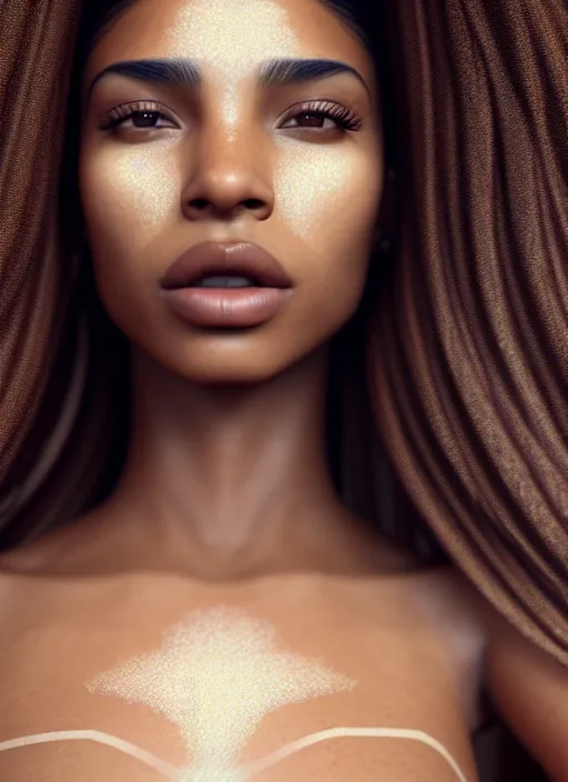 Prompt: beautiful female portrait, latina, brown skin, composite, attractive facial features, haze, intricate, symmetrical!!, makeup, maybelline, depth of field, cinematic, filmic, vsco, concept art, artstation, digital painting, elegant, model, gorgeous, vray, cinema 4 d, octane render, ambient occlusion, prism lights