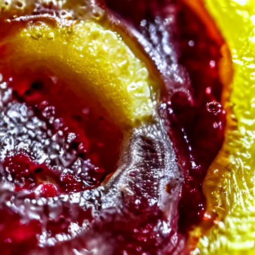 Image similar to close - up shot of a lemon covered in strawberry jam, macro lens, depth of field