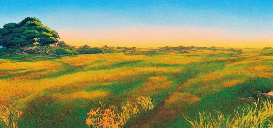 Prompt: countryside next to the ocean during golden hour by studio ghibli, peaceful, serene, blissful, golden hour