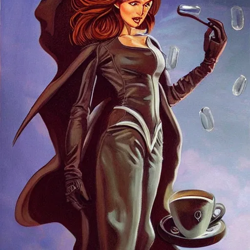 Prompt: painting in style of michael whelan, the super hot, dark angel of coffee