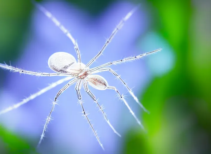 Image similar to super macro of a clear white crystal spider on a flower, in the forest. Fantasy magic style. Highly detailed 8k. Intricate. Nikon d850 300mm. Award winning photography.