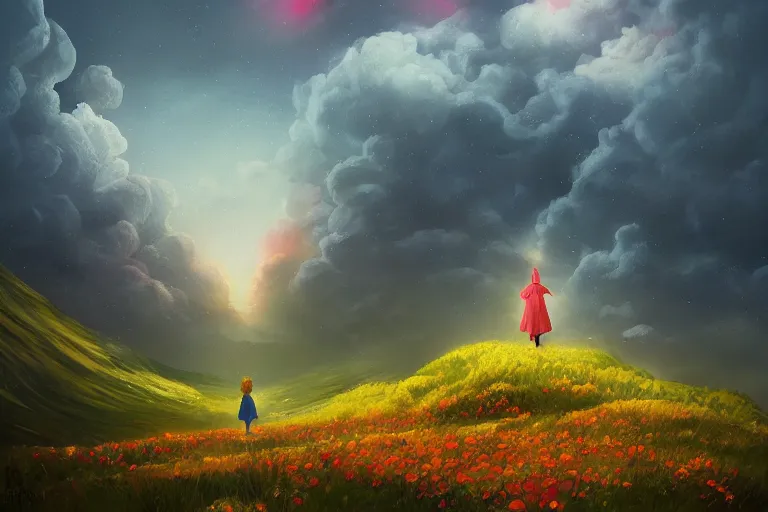 Image similar to giant dahlia flower as a head, girl walking on mountain, surreal photography, stars, dramatic light, impressionist painting, storm clouds, digital painting, artstation, simon stalenhag