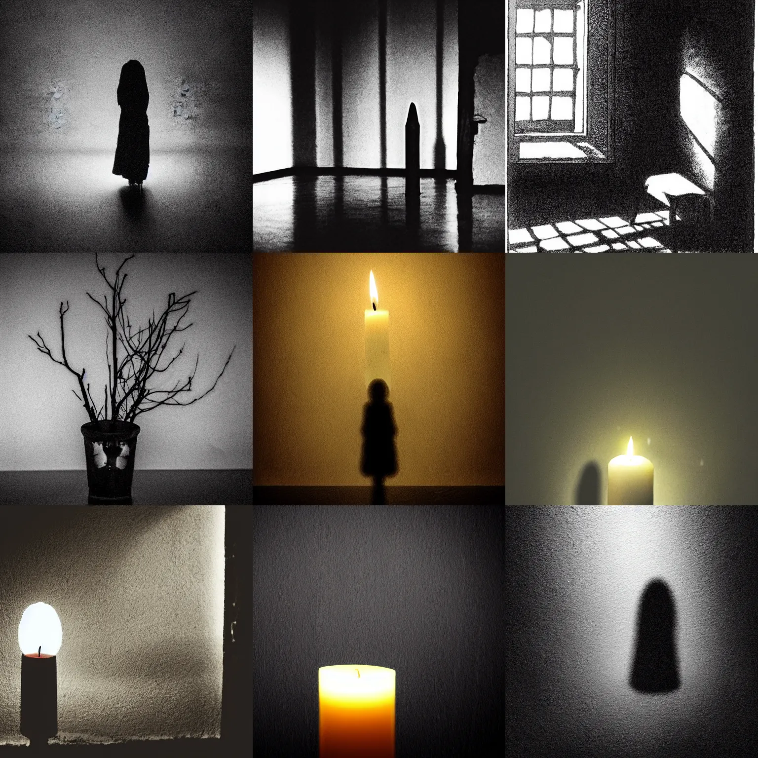 Prompt: shadow filled room with gloomy, oppressive atmosphere, the midnight so dark that it seems to suck out the life itself, no light penetrates to room, only small candle struggles in vain to illuminate the crushing darkness