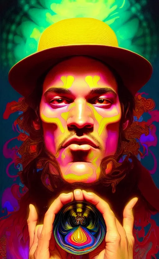 Image similar to An extremely psychedelic celestial quentin tarantino in his black fedora hat, colorful, surreal, dramatic lighting, magic mushrooms, psilocybin, LSD, face, detailed, intricate, elegant, highly detailed, digital painting, artstation, concept art, smooth, sharp focus, illustration, art by Krenz Cushart and Artem Demura and alphonse mucha