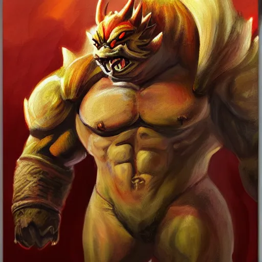 Image similar to A portrait painting of Bowser in the style of Frank Frazetta, 4k, Highly Detailed, Dark Fantasy, Epic Lighting