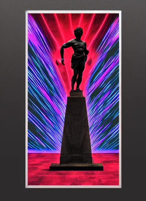 Image similar to dark design poster showing a statue of a greek god, black background with very subtle red and purple design elements, powerful, nekro, vito acconci, thin straight lines, dark, glitch art, neo vaporwave, gritty, layout frame, square, trending on artstation