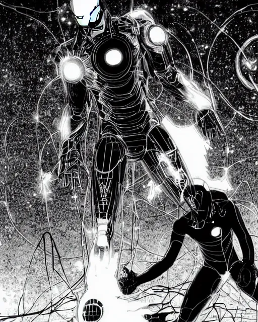 Image similar to black and white sad iron man with wires eat banana on hands on the destroed moon, wires earth background, by tsutomu nihei