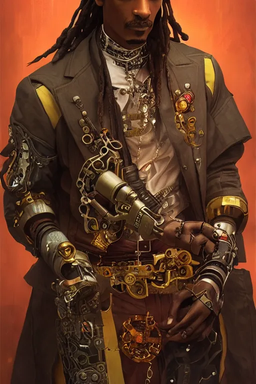 Image similar to 2 0 year old snoop dog as a steampunk cyborg gunslinger, portrait, cyber western, neon, duster, fantasy, intricate, elegant, highly detailed, digital painting, artstation, concept art, sharp focus, illustration, art by artgerm and greg rutkowski and alphonse mucha