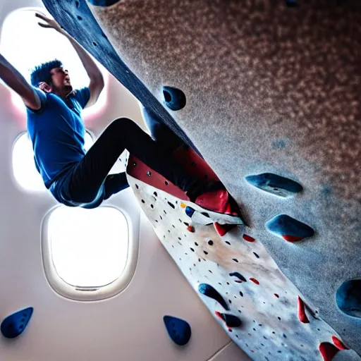 Image similar to a man in an airplane is watching his friends bouldering