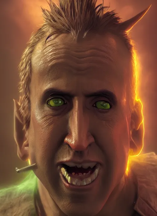 Image similar to A fantasy comic book style portrait painting of Nicolas Cage as a goblin in a cavern setting, unreal 5, DAZ, hyperrealistic, octane render, RPG portrait, ambient light, dynamic lighting
