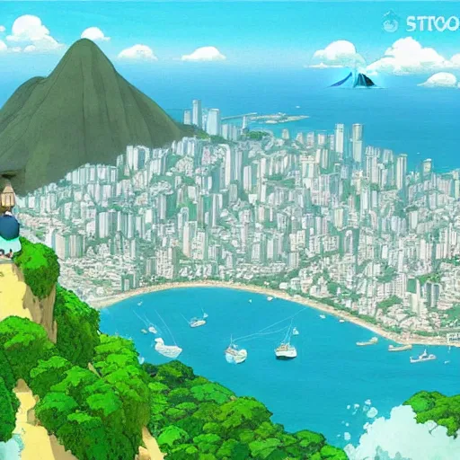 Image similar to a perfect picture of Rio de janeiro by studio Ghibli. Trending on art station and favorites on DeviantArt . Masterpiece and epic