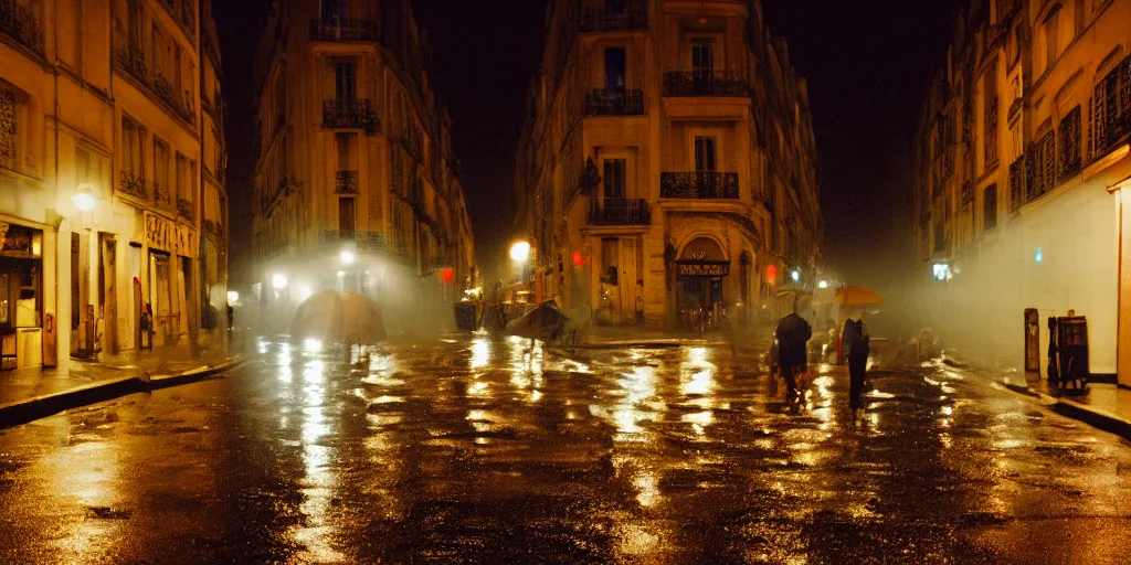 Image similar to street of paris photography, night, rain, mist, cinestill 8 0 0 t, in the style of william eggleston