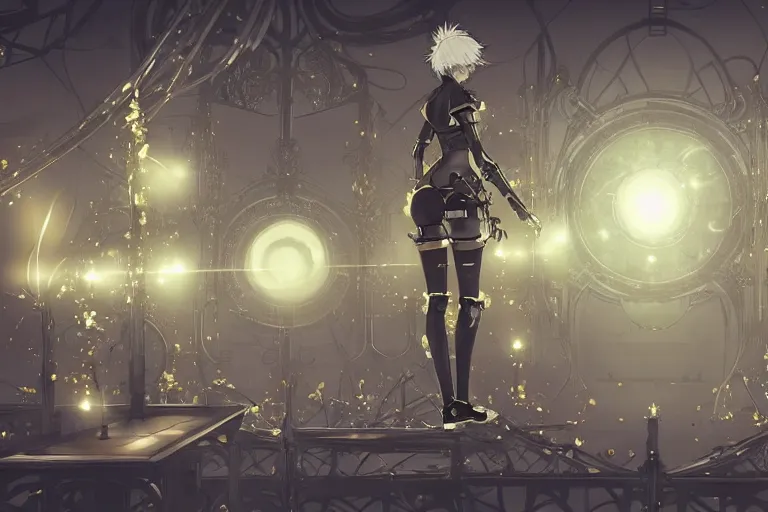 Image similar to nier automata concept scenery. antiinfinity gold trim. antimirror pixiv scenery art. antibiomechanical nier automata. anticeramic antiextension. infinitely detailed. luminous! light! magic!