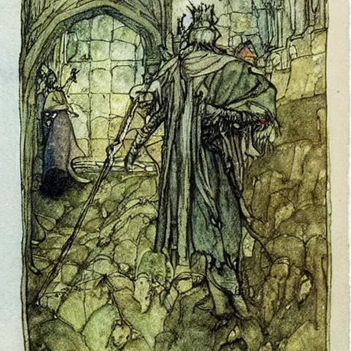 Prompt: The Green Knight, illustrated by Arthur Rackham, watercolour, romanticist, Arthurian