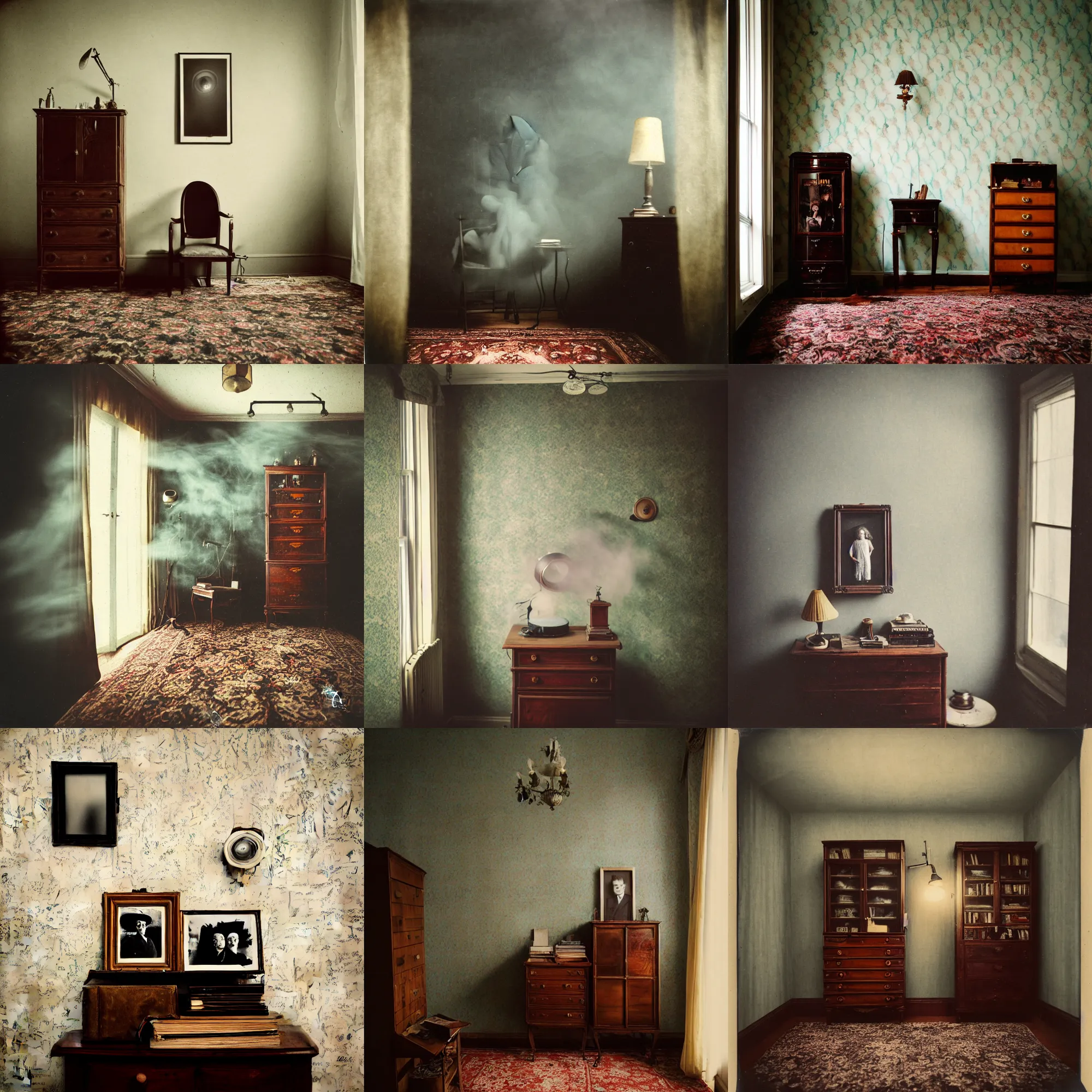 Prompt: kodak portra 4 0 0, wetplate, 8 mm extreme fisheye, award - winning portrait by britt marling, 1 9 2 0 s room, ghost, picture frames, shining lamps, dust, smoke, 1 9 2 0 s furniture, wallpaper, carpet, books, muted colours, wood, fog,