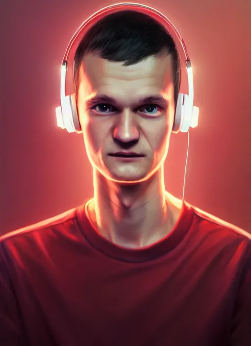 Image similar to portrait of vitalik buterin with hazel eyes, hazel colored eyes, red shirt, headphones, intricate, elegant, glowing lights, highly detailed, digital painting, artstation, concept art, smooth, sharp focus, illustration, art by wlop, mars ravelo and greg rutkowski