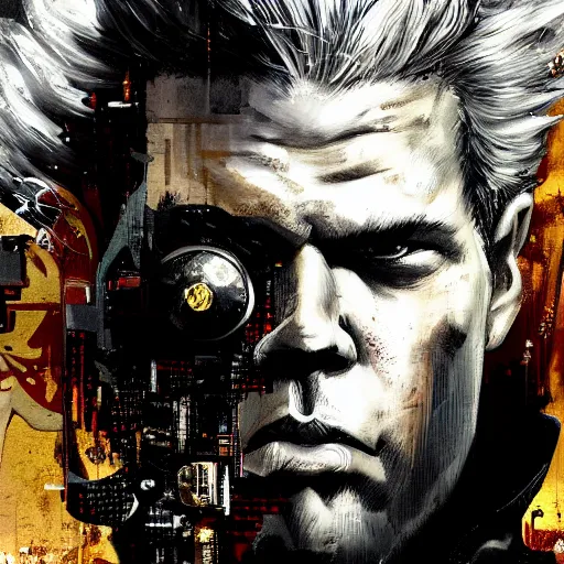 Prompt: highly detailed portrait of a moody post-cyberpunk Ron Perlman with a wavy blonde hair, by Dustin Nguyen, Akihiko Yoshida, Greg Tocchini, Greg Rutkowski, Cliff Chiang, 4k resolution, nier inspired, graffiti inspired, resident evil inspired, vibrant but dreary but upflifting silver, opal, gold, black and white color scheme!!! ((Graffiti tag brick wall background))