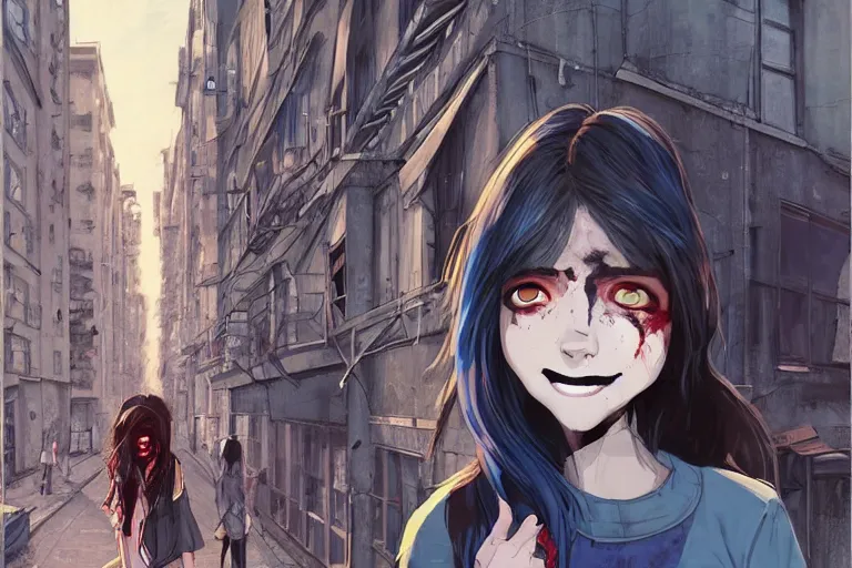 Image similar to urban school zombie girl in tattered clothes with a city street of Buenos aires in the background, dark blue long hair, muted colors, matte print, pastel colors, ornate, digital art, cute smile, digital painting, fan art, elegant, pixiv, by Ilya Kuvshinov, by Studio Ghibli